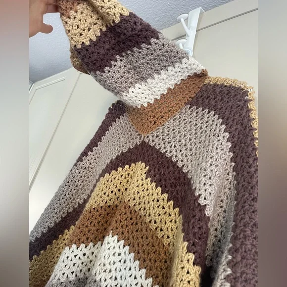 Hand Crochet Striped Cottagecore Boho Folk Hooded Poncho - Picture 5 of 9